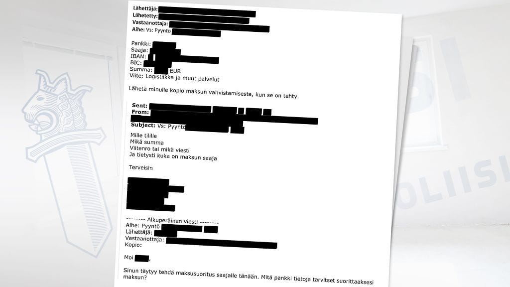 Poliisi julkaisi kuvakaappauksen huijarin ja uhrin välisestä sähköpostikeskustelusta.