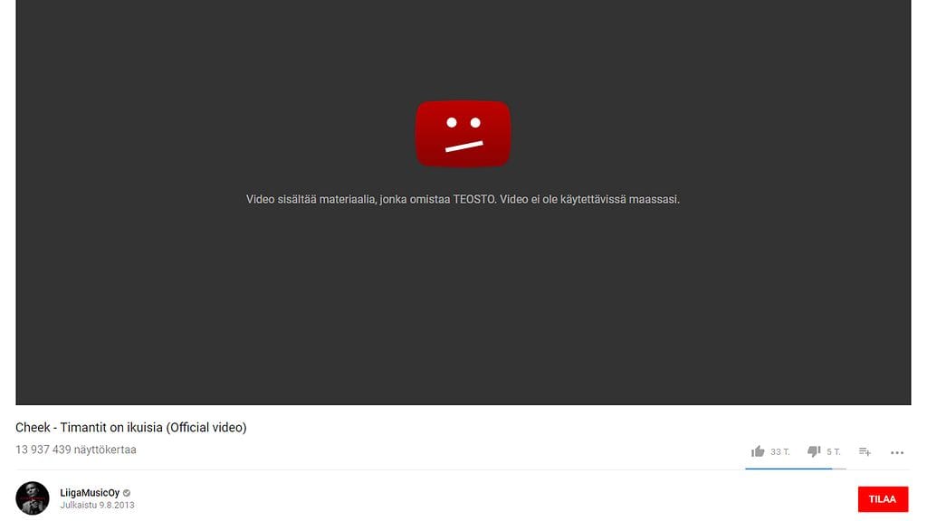 Esimerkiksi Cheeckin Timantit on ikuisia -kappale on estettyjen joukossa. Kuvakaappaus Youtubesta.
