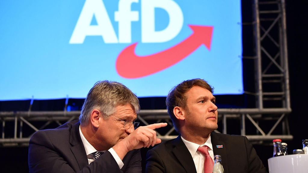 Saksan oikeistopopulistinen puolue AfD eli Vaihtoehto Saksalle on koolla Hannoverissa. Kuvassa AfD:n Joerg Meuthen ja Andre Poggenburg.