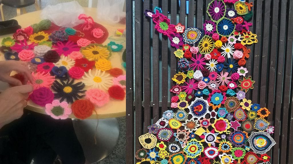 Tällainen tuli kymmenien eri ihmisen virkkaamista kukista sattumalla syntyneestä Suomi-taideteoksesta.