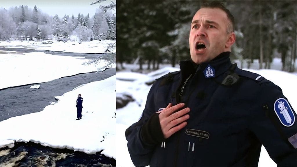 Tenoripoliisi Petrus Schroderus tulkitsee Finlandian upeissa talvimaisemissa.