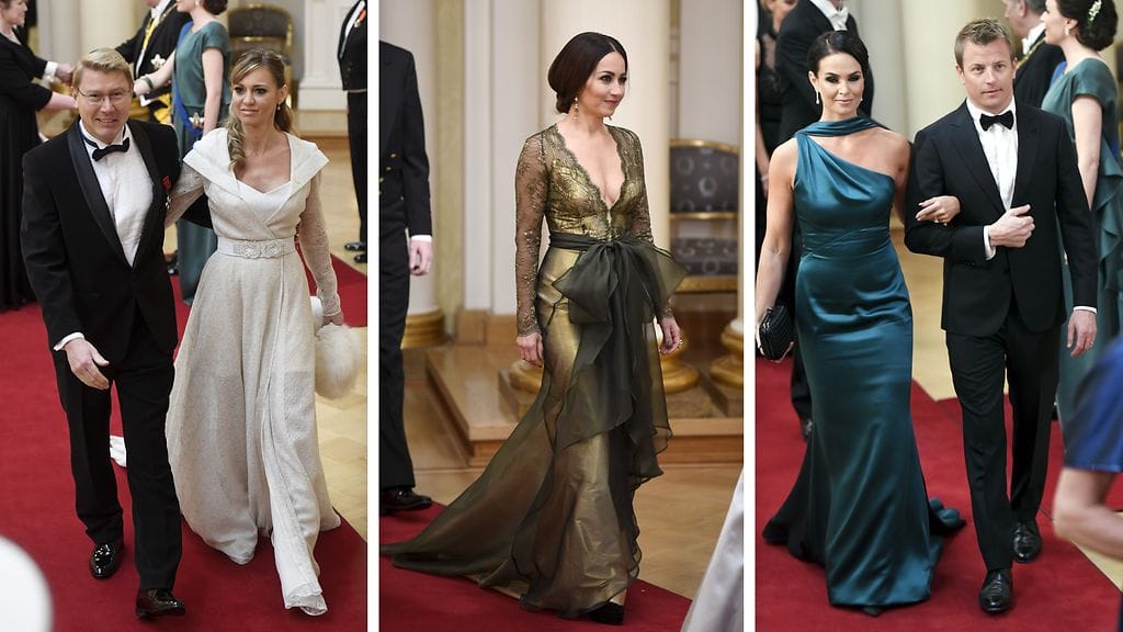 Mika ja Marketa Häkkinen, Jaana Pelkonen sekä Minttu ja Kimi Räikkönen juhlivat itsenäistä Suomea Presidentinlinnassa.