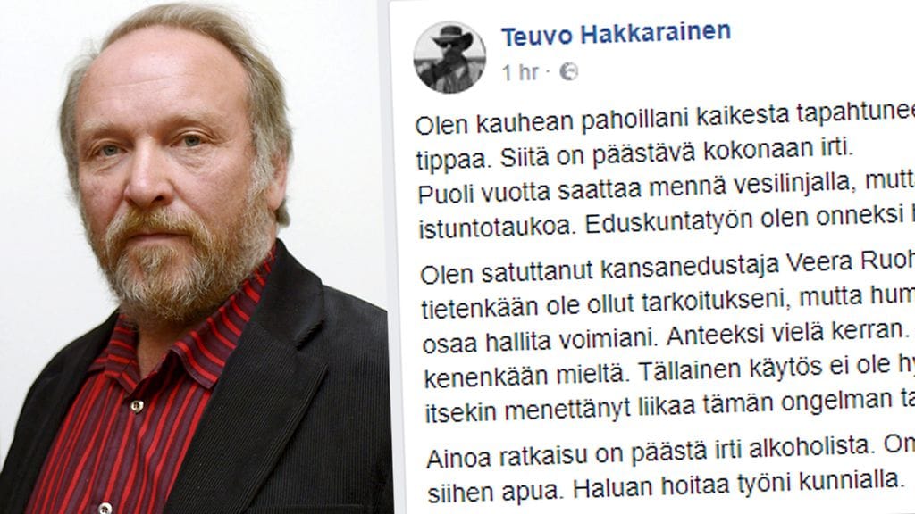 Teuvo Hakkarainen sanoo tarvitsevansa apua alkoholinkäyttönsä suhteen.