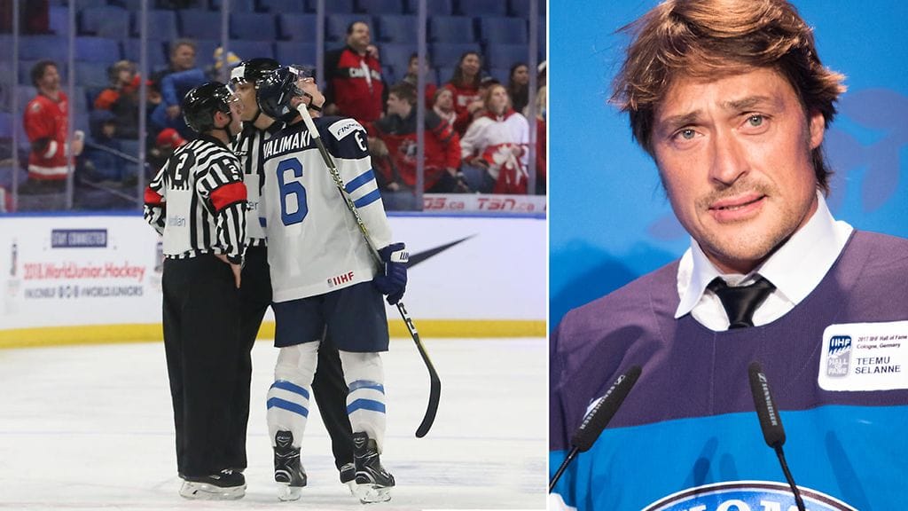 Suomen kapteeni Juuso Välimäki ihmetteli maalituomiota ottelun erotuomarien kanssa. Teemu Selännekin otti kantaa.