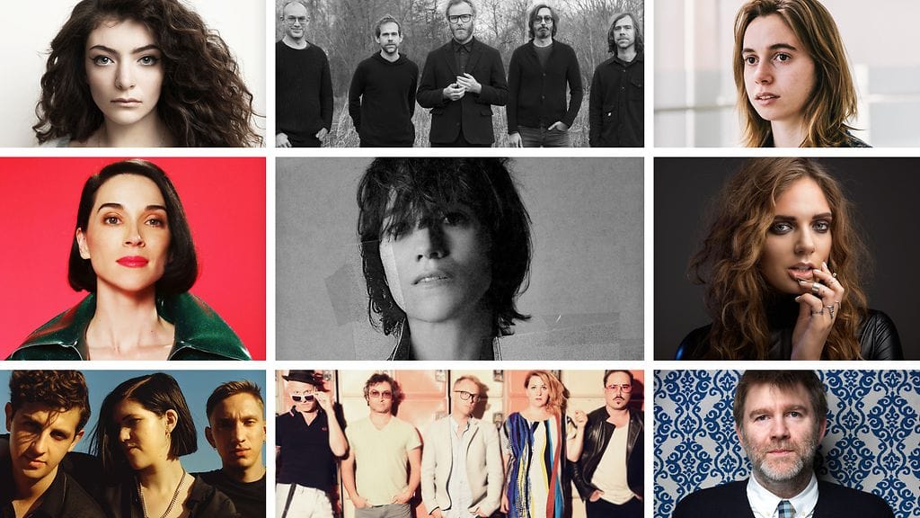 Vuoden 2017 parhaiden ulkomaisten levyjen tekijöitä, vasemmalta alhaalta myötäpäivään: The xx, St. Vincent, Lorde, The National, Julien Baker, Tove Lo, LCD Soundsystem, Stars sekä keskellä Charlotte Gainsbourg.