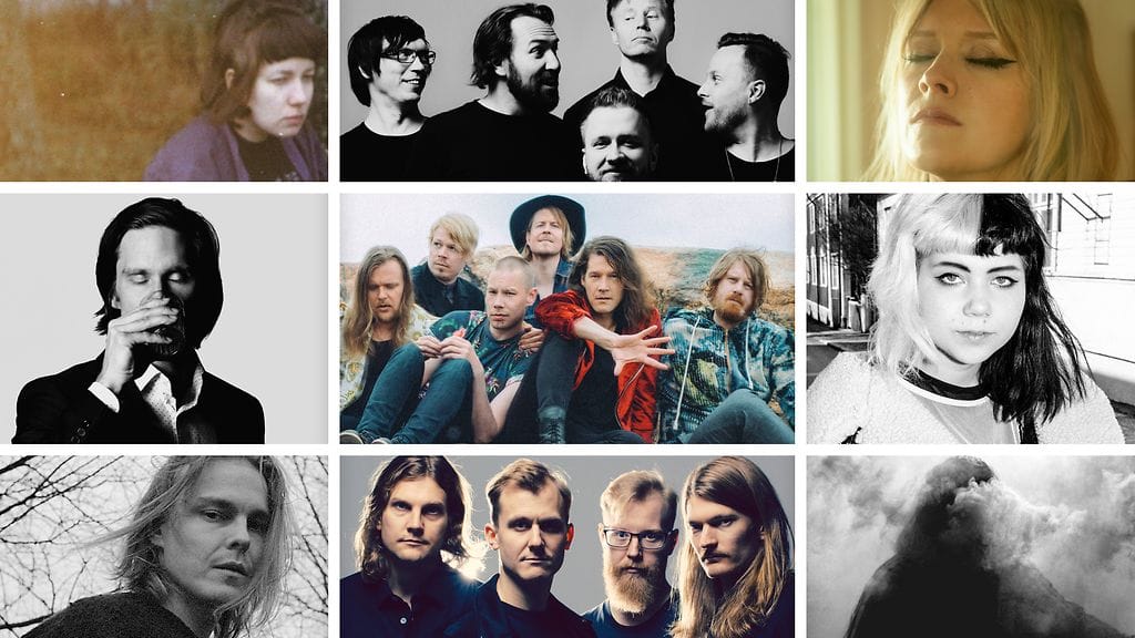 Vuoden 2017 parhaiden kotimaisten kappaleiden tekijöitä, vasemmalta alhaalta myötäpäivään: Mikko Joensuu, Matti Johannes Koivu, Litku Klemetti, Egotrippi, Jonna Tervomaa, Vesta, M, Pimeys sekä keskellä Pariisin Kevät.