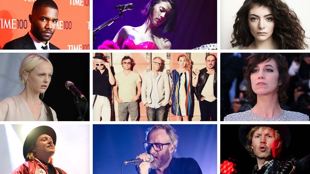 Vuoden 2017 parhaiden ulkomaisten kappaleiden tekijöitä, vasemmalta alhaalta myötäpäivään: Arcade Fire, Laura Marling, Frank Ocean, St. Vincent, Lorde, Charlotte Gainsbourg, Beck, The National sekä keskellä Stars.