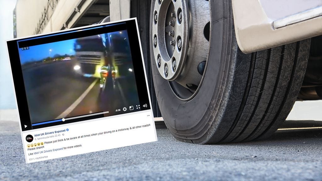Kuvankaappaus Idiot Uk Drivers Exposed -sivuston Facebook-videolta. Taustalla kuvituskuva.