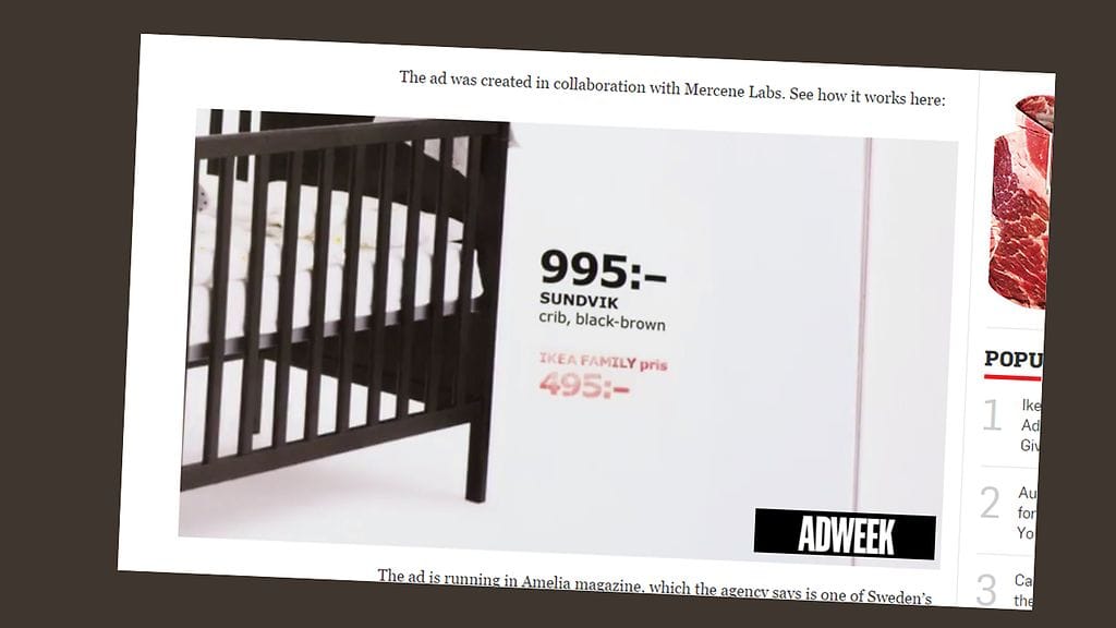 Mainoksen perustana on raskaustestin testiliuska, jonka väri vaihtuu, jos naisen virtsassa on raskaudesta kertovia hormoneja.