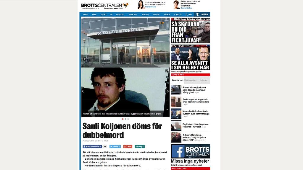 Suomalainen Sauli Koljonen tuomittiin elinkautiseen kahdesta murhasta Ruotsissa.