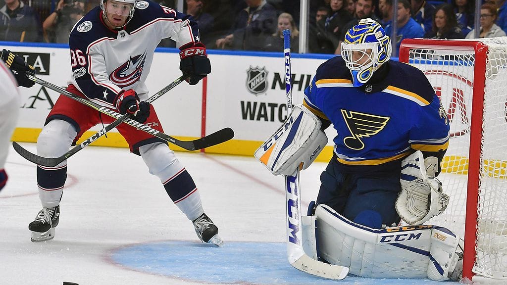 Ville Husso ei ole torjunut vielä virallisia NHL-otteluita. Kuva St. Louis Bluesin syksyn harjoituspelistä Columbus Blue Jacketsia vastaan.