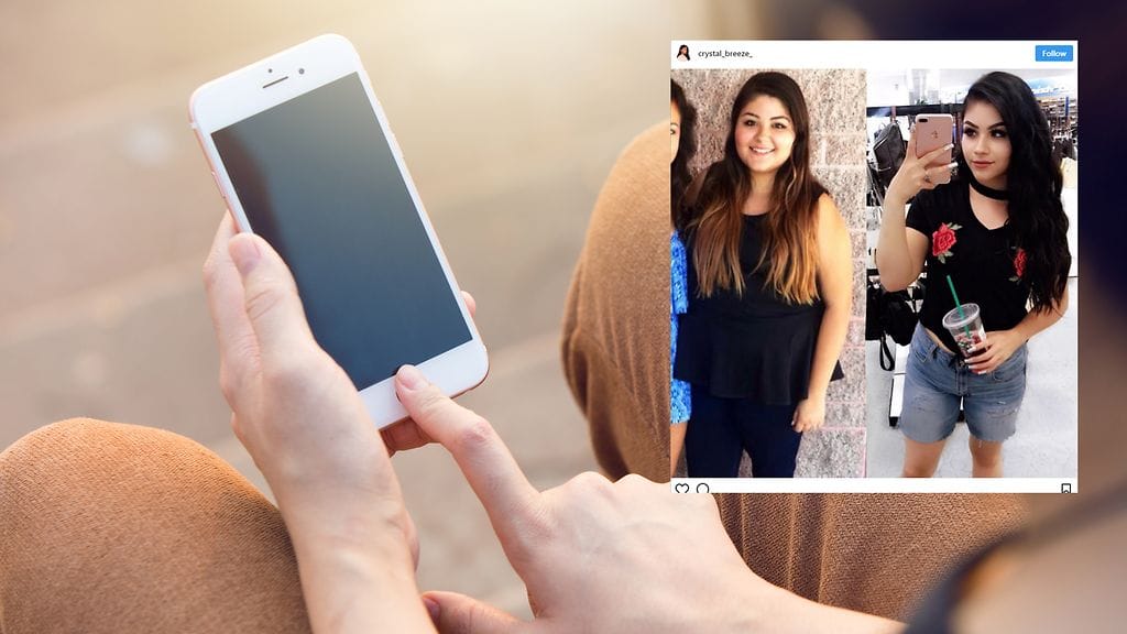 Nainen jakoi pareilleen ensin kuvan oikean kuvan itsestään, sitten viisi vuotta vanhan, jossa hän oli noin 50 kilogrammaa painavampi.