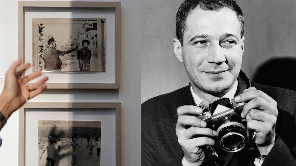 Kaksi ikonista kuvaa Vietnamin sodasta esillä näyttelyssä. Ylempi kuva Eddie Adamsin kuva Saigonin teloituksesta. Kuvat: All Over Press