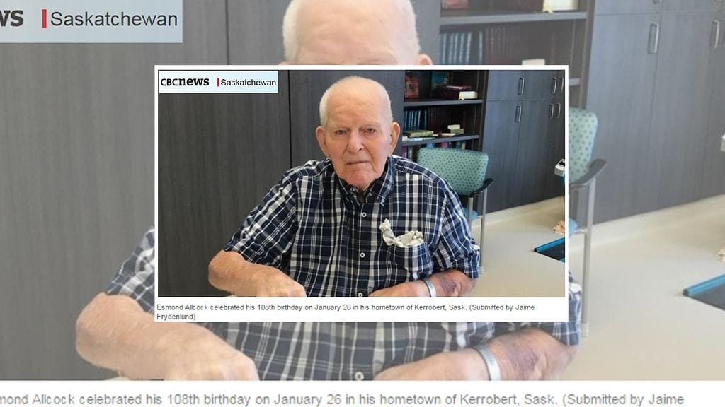Kanadalainen Esmond Allcock juhli juuri 108-vuotispäiväänsä, ja paljasti samalla pitkän ikänsä salaisuuden. Kuvan lähde CBCNews