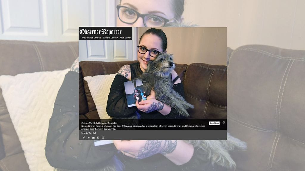 Nicole Grimes joutui luopumaan Chloe-koirastaan, mutta sai sen kuin ihmeen kaupalla takaisin! Kuvan lähde Observer-Reporter