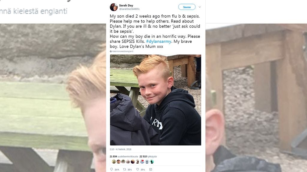 12-vuotias Dylan kuoli sepsikseen vain kolme päivää diagnoosin saamisen jälkeen. Kuvan lähde Twitter