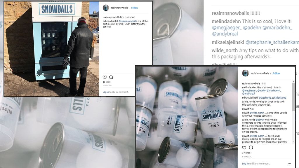 Digitaalinen mainostoimisto space150 valmisti lumipalloja myyvän tuoteautomaatin. Kuvien lähde Instagram