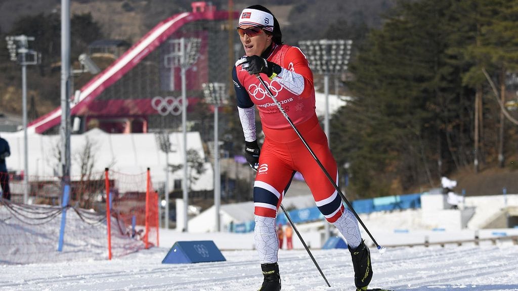 Marit Björgen harjoittelemassa olympialaduilla.