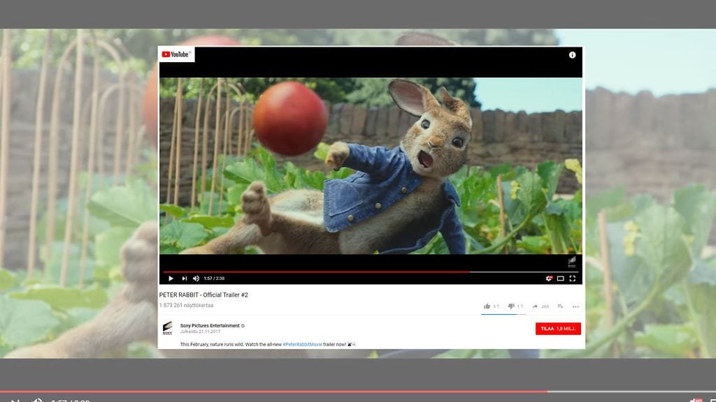 Kohtaus Petteri Kaniini -elokuvan trailerista. Kuvan lähde Youtube