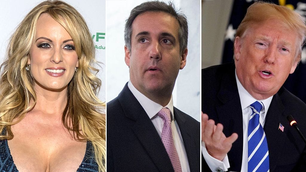 Aikuisviihdenäyttelijä Stormy Daniels, asianajaja Michael Cohen ja presidentti Donald Trump.