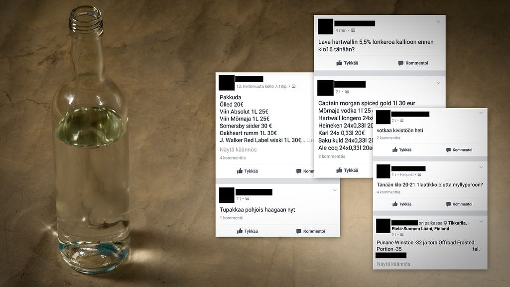 Kuvankaappauksia Facebook-ryhmästä, jossa käydään kauppaa alkoholilla, tupakalla ja nuuskalla.
