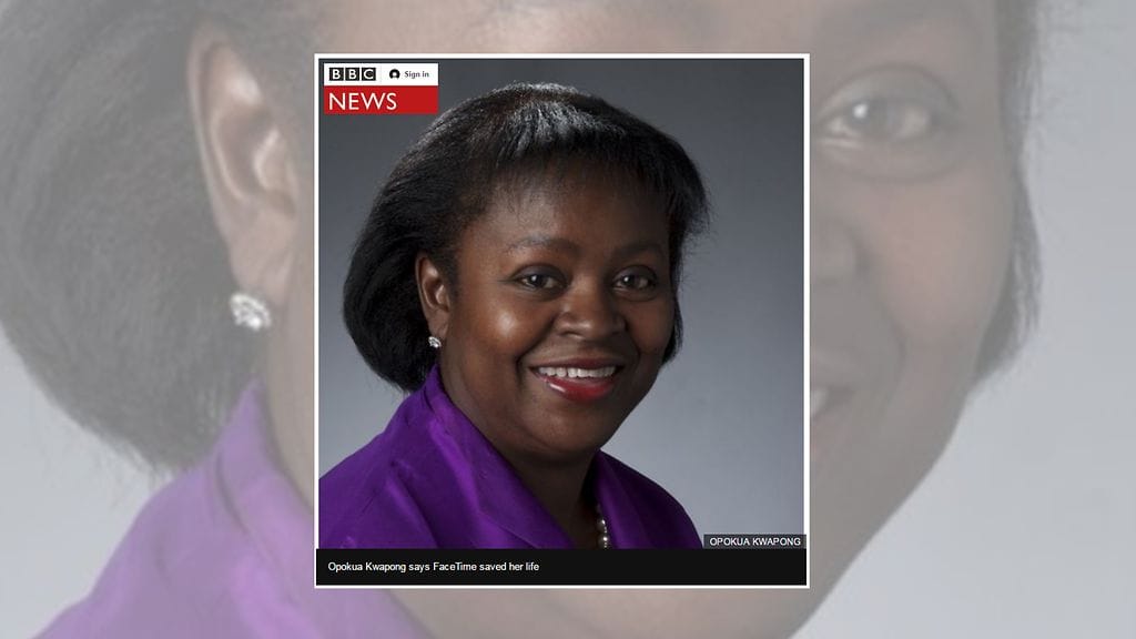 Opokua Kwapong on vakuuttunut siitä, että FaceTime-videopuhelu pelasti hänen henkensä. Kuvan lähde BBC