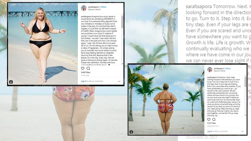 Aiemmin Sarah Sapora häpesi ylipainonsa vuoksi vartaloaan, eikä ennen Instagram-harrastustaan koskaan julkaissut itsestään esimerkiksi bikinikuvia. Kuvien lähde Instagram