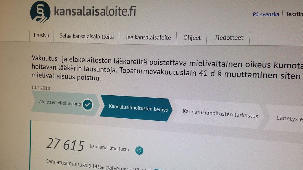 Kansalaisaloite oli parjantaiaamuun mennessä kerännyt jo lähes 30 000 kannattajaa. Sen pitäisi saada kokoon 50 000 kannattajaa, jotta asia etenee eduskunnan käsittelyyn.