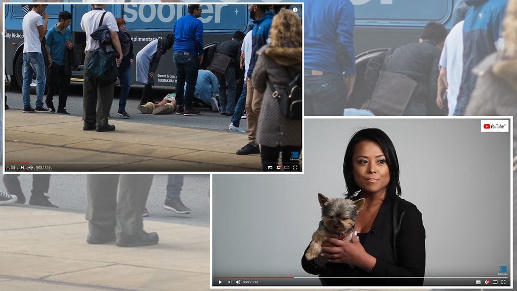 Kanadalainen Theresa jäi henkiin, vaikka osa hänen päätään jäi bussin renkaan alle. Kuvien lähde Youtube