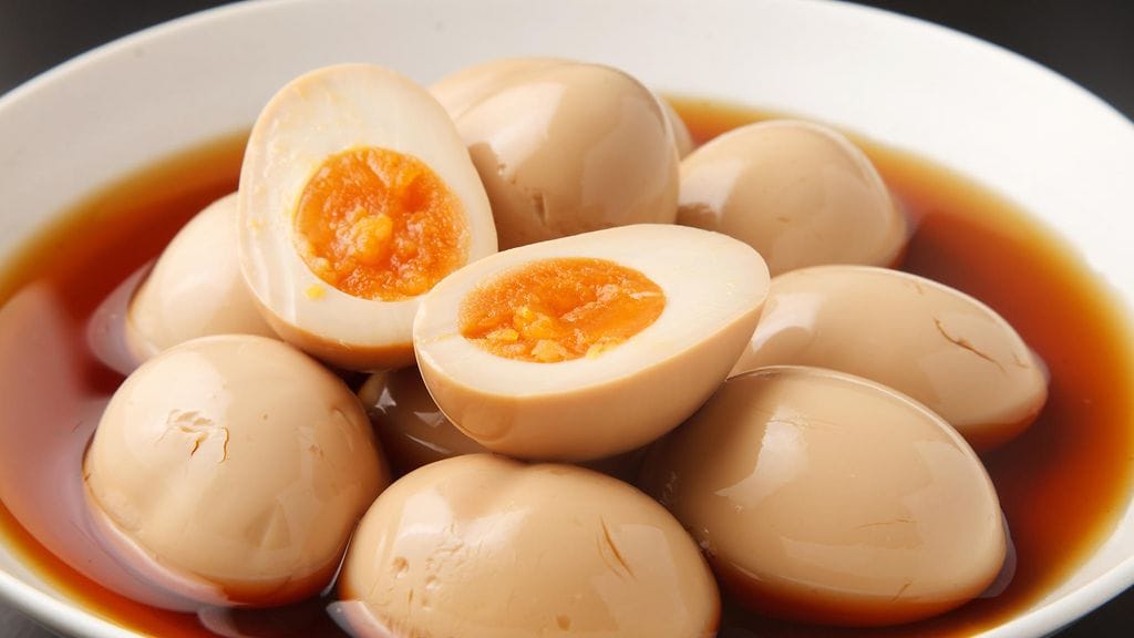 Kananmunien annetaan maustua voimakkaassa mausteliemessä.