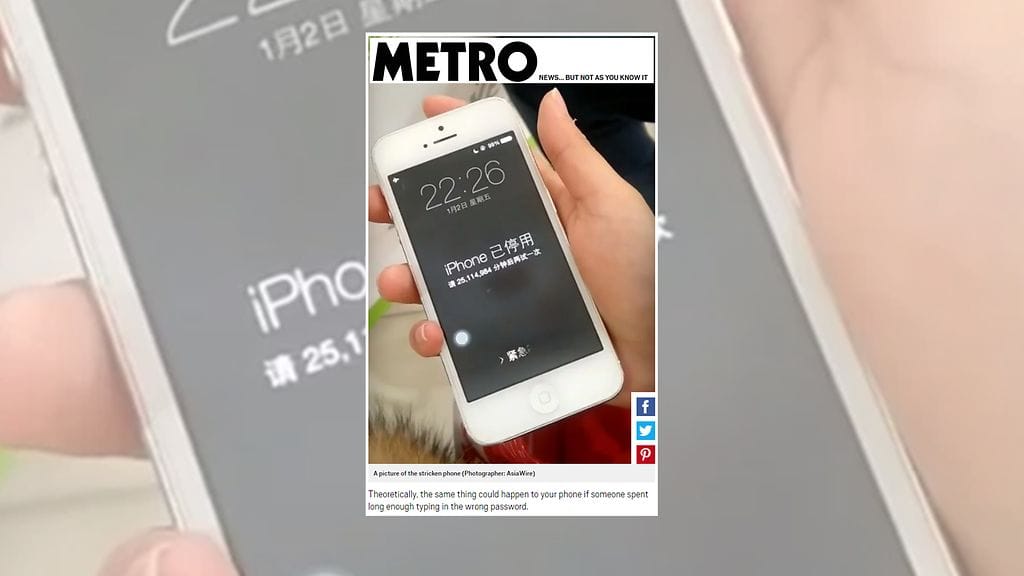 Poika onnistui antamaan äitinsä puhelimeen väärän pääsykoodin niin monta kertaa, että puhelin lukittui 25 miljoonaksi minuutiksi. Kuvan lähde Metro.co.uk