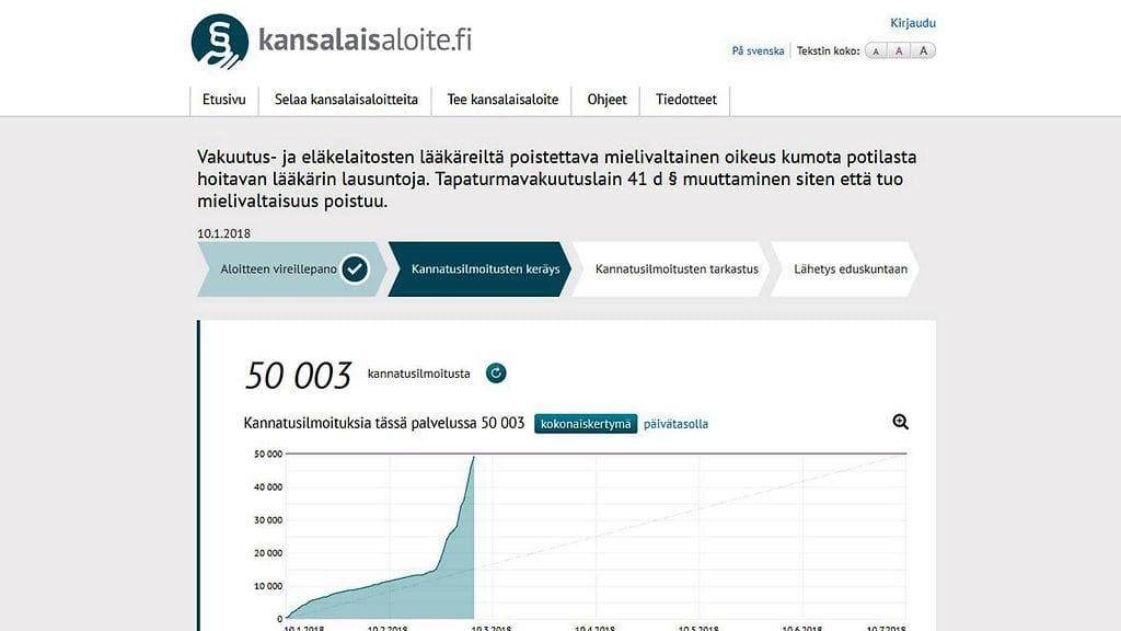 Kuvankaappaus kansalaisaloitteen sivulta.