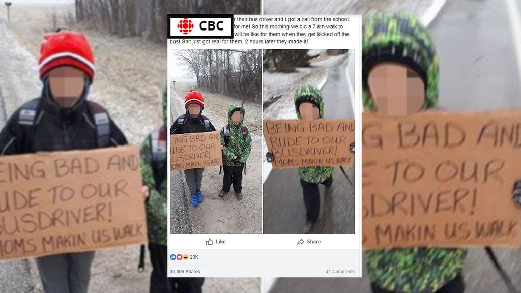 CBC News jakoi kuvan äidin rangaistuksesta, jonka nimeä ei mainittu lasten henkilöllisyyden suojelemiseksi.