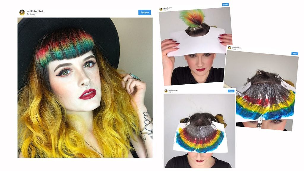 Hiusstylisti Caitlin Ford neuvoo Instagramissa, miten jokainen voi itse tehdä upean sateenkaariotsatukan.