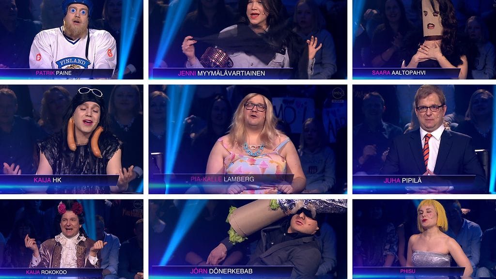 Kingin toisen tuotantokauden avausjaksoissa nähtyjä tuomareita, vasemmalta alhaalta myötäpäivään: Kaija Rokokoo, Kaija HK, Patrik Paine, Jenni Myymälävartiainen, Saara Aaltopahvi, Juha Pipilä, Phisu, Jörn Dönerkebab ja keskellä Pia-Kalle Lamberg.