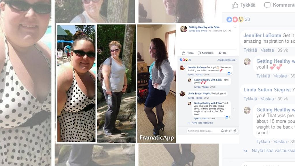 "Nyt painan noin 72 kiloa. Aloitin 138 kilosta ja minun piti pudottaa uudelleen 22 kiloa raskauspainoa. Yhteensä olen pudottanut noin 90 kiloa!" Kuvan lähde Facebook