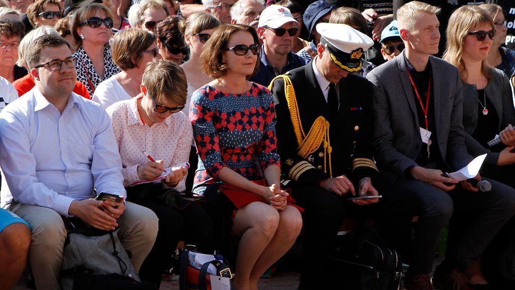 Rouva Jenni Haukio SuomiAreenan yleisössä Porissa viime kesänä.