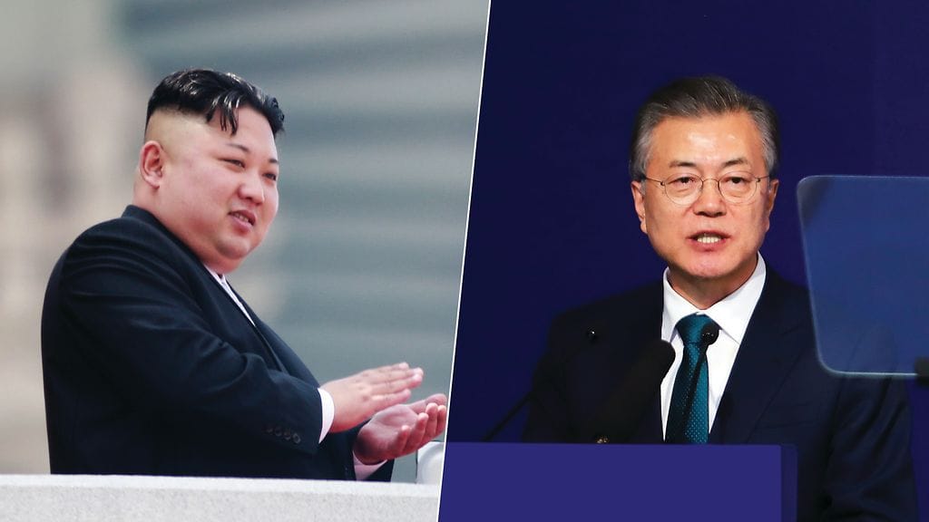 Pohjois-Korean johtaja Kim Jong-un (vas.) ja Etelä-Korean presidentti Moon Jae-in.