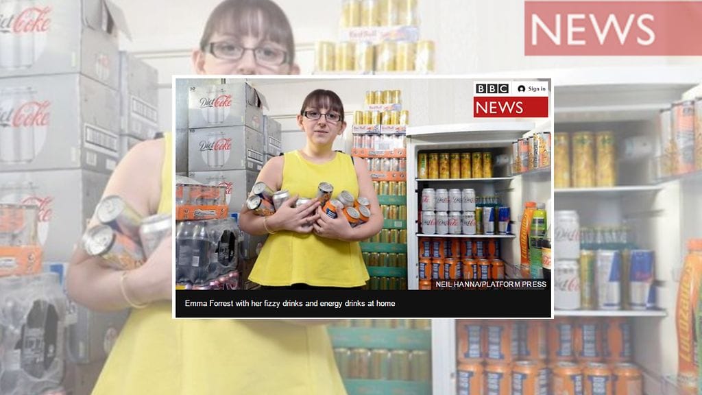 Emma Forrest, 29, juo jopa 20 tölkkiä energijuomia päivässä. Kuvan lähde BBC