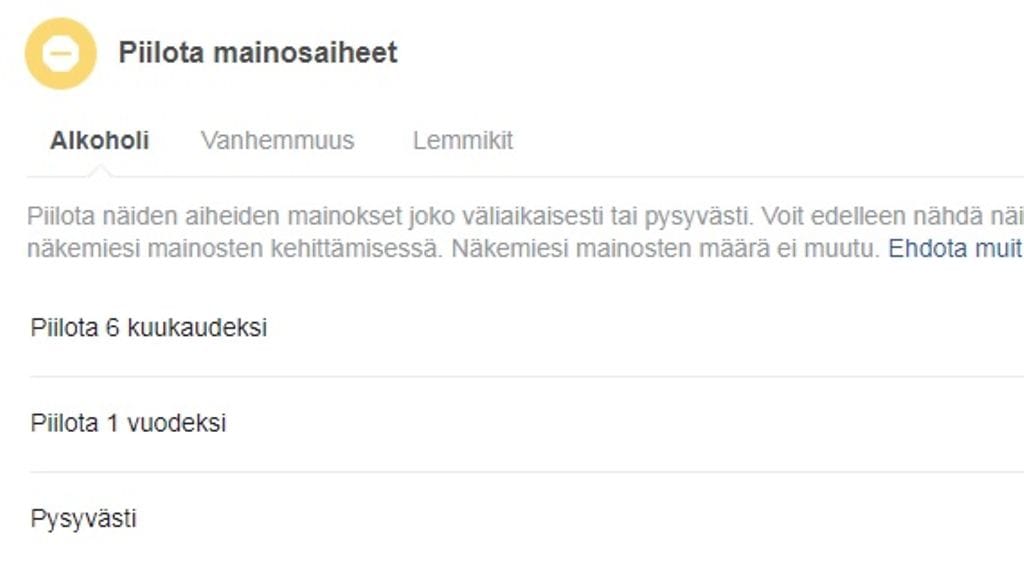 facebook piilota mainosaiheet