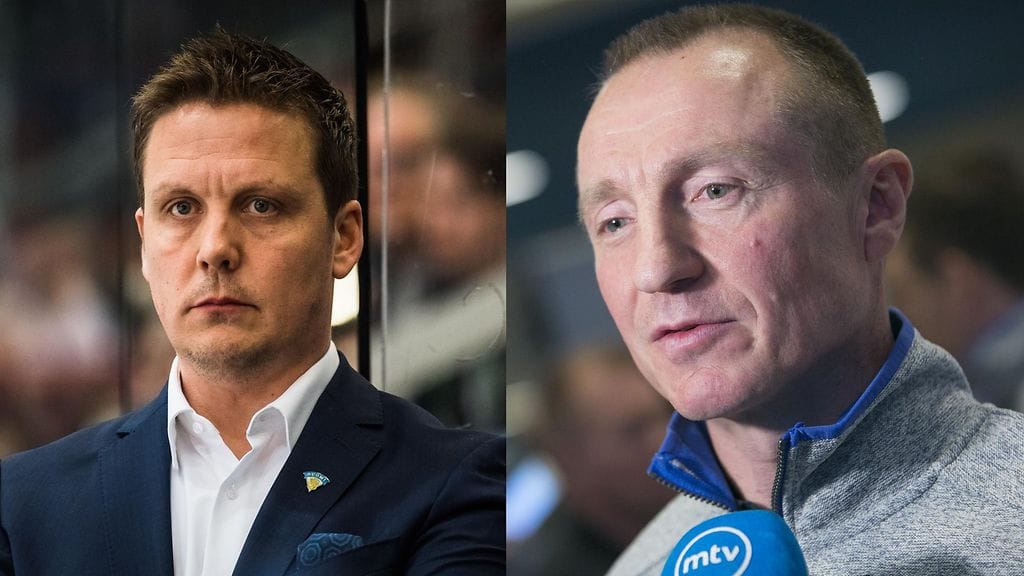 Leijonien päävalmentaja Lauri Marjamäki (vasemmalla) ja GM Jere Lehtinen (oikealla).