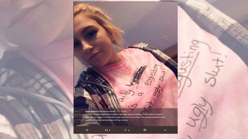 Kailey Kukkola kieltäytyi nujertumasta kiusaajien sanojen vuoksi. Hän painatti tekstistä itselleen t-paidan. Kuvan lähde Twitter