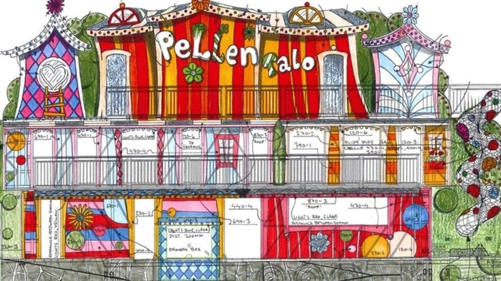 Piirroskuva Linnanmäen Pellen Talosta.