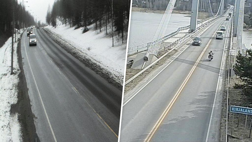 Vasemmalla Liikenneviraston kelikameran kuva Rovaniemen läheltä ja oikealla kelikameran kuva lounaisrannikolta. Kuva: Liikennevirasto