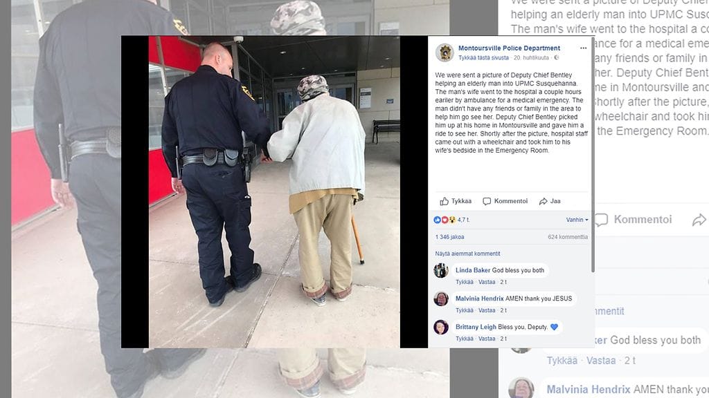Amerikkalaisten poliisien lempeys nousi otsikoihin sen jälkeen, kun he auttoivat 84-vuotiasta miestä. Kuvan lähde Facebook