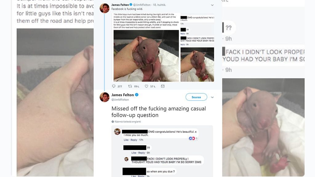 Valistusjulkaisu sai huvittavan käänteen, kun julkaisijan ystävä erehtyi luulemaan kaljua vompattia ihmisvauvaksi. Kuvan lähde Twitter