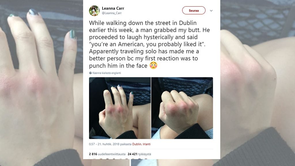 Amerikkalainen Leanna Carr joutui ahdistelluksi Irlannissa. Mies sai kuitenkin pian tuntea nahoissaan karman koston, sillä Carr on voimanostaja. Kuvan lähde Twitter