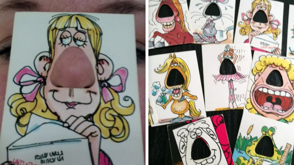 Marjo löysi varastostaan kokoelman nenäkortteja, joita moni keräili lapsuudessaan. Marjo muistaa myös korttien nimen: Snoots. Kuvat Marjo