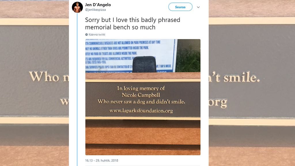 Twitter ihastui laattaan ja sen tarjoamiin vitsailumahdollisuuksiin: moni koki laatan tarkoittavan, ettei Nicole nähnyt elämänsä aikana yhtäkään koiraa, ja eli kaiken kukkuraksi elämänsä hymyilemättä. Kuvan lähde Twitter