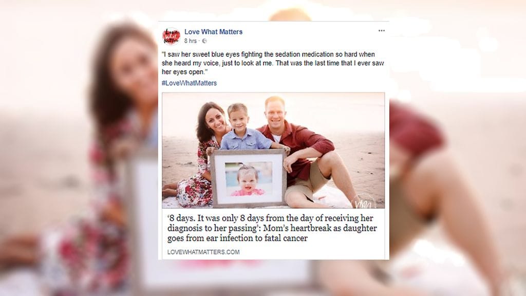 Murheen murtama perhe tekee kaikkensa, jottei pieni Millie-tyttö kuollut turhaan. Kuvakaappaus Facebookista.